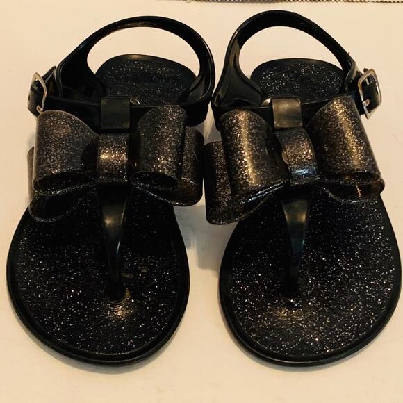 JELLY Black GLITTER Double BOW THONG Strap SANDAL - Picture 1 of 7